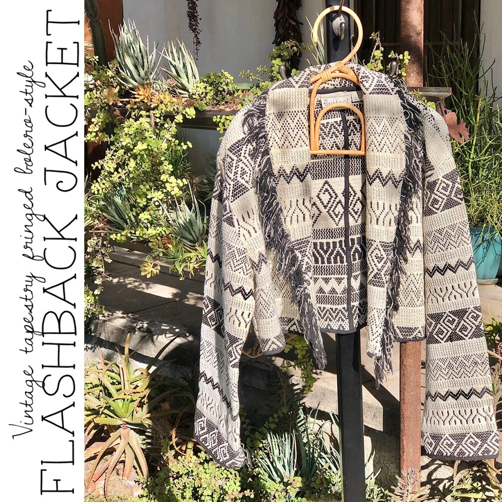 Vintage Flashback Graphic Tapestry Fringed Crop Jacket